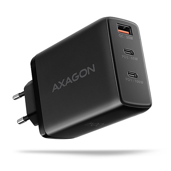 AXAGON ACU-DPQ100, GaN nabíječka do sítě 100W, 3x port (USB-A + dual USB-C), PD3.0/PPS/QC4+/Apple