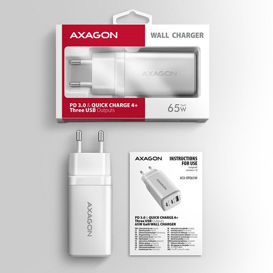 AXAGON ACU-DPQ65W, GaN nabíječka do sítě 65W, 3x port (USB-A + dual USB-C), PD3.0/QC4+/PPS/Apple