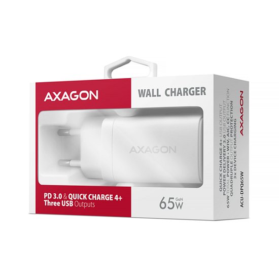 AXAGON ACU-DPQ65W, GaN nabíječka do sítě 65W, 3x port (USB-A + dual USB-C), PD3.0/QC4+/PPS/Apple