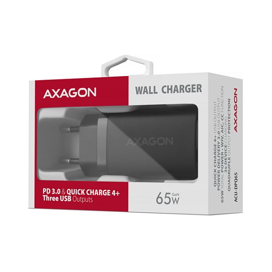 AXAGON ACU-DPQ65, GaN nabíječka do sítě 65W, 3x port (USB-A + dual USB-C), PD3.0/QC4+/PPS/Apple