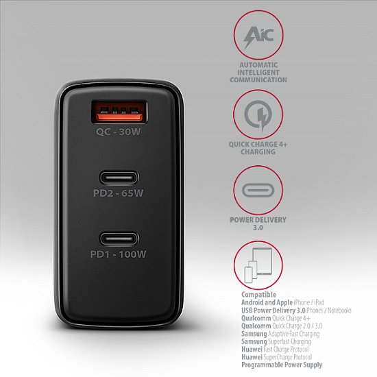 AXAGON ACU-DPQ100, GaN nabíječka do sítě 100W, 3x port (USB-A + dual USB-C), PD3.0/PPS/QC4+/Apple