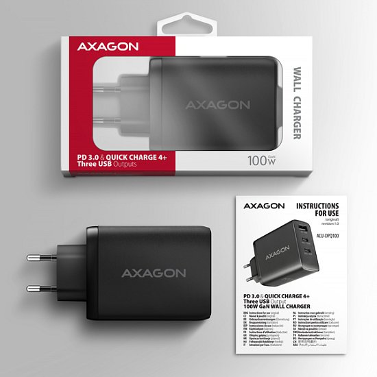 AXAGON ACU-DPQ100, GaN nabíječka do sítě 100W, 3x port (USB-A + dual USB-C), PD3.0/PPS/QC4+/Apple