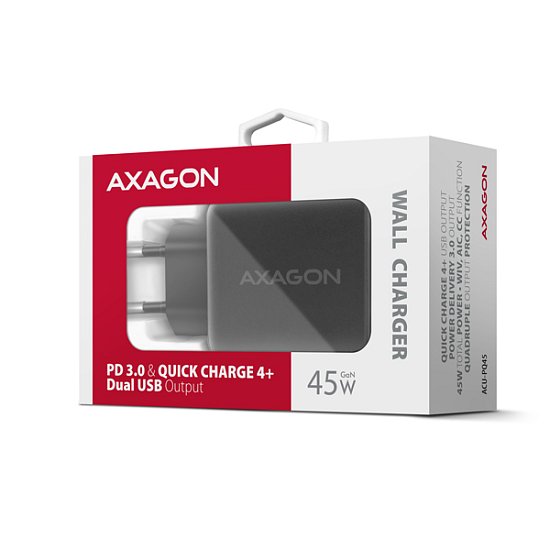 AXAGON ACU-PQ45 GaN nabíječka do sítě 45W, 2x port (USB-A + USB-C), PD3.0/PPS/QC4+/SFC 2.0/AFC/Apple