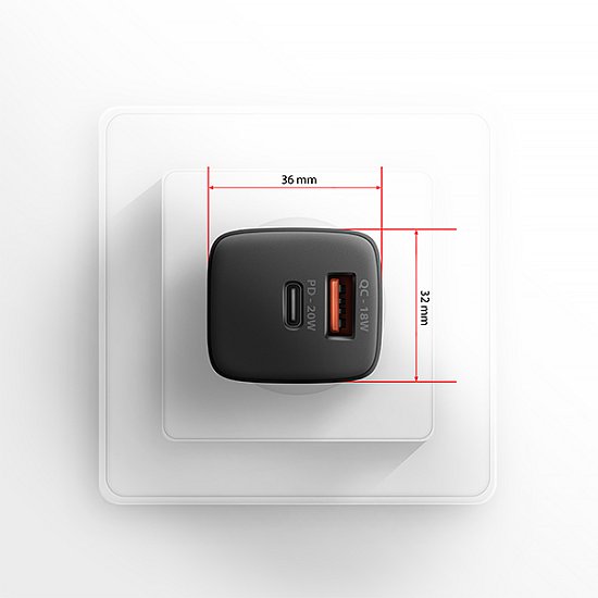 AXAGON ACU-PQ20 nabíječka do sítě 20W, 2x port (USB-A + USB-C), PD3.0/PPS/QC4+/AFC/Apple, černá