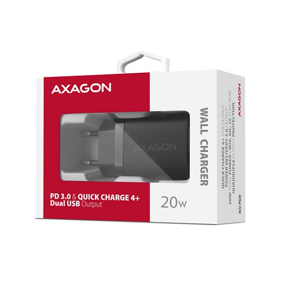 AXAGON ACU-PQ20 nabíječka do sítě 20W, 2x port (USB-A + USB-C), PD3.0/PPS/QC4+/AFC/Apple, černá