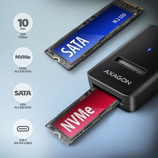 AXAGON ADM2-CM USB-C 10Gbps - M.2 NVMe & SATA SSD adaptér, kabel USB-C 10cm