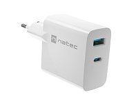 Univerzální USB nabíječka Natec RIBERA GaN 1X USB-A + 1X USB-C 65W, Bílá