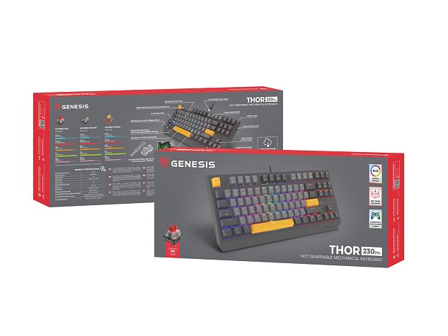 Genesis herní klávesnice THOR 230/TKL/RGB/Outemu Red/Drátová USB/US layout/Anchor Negative Šedá