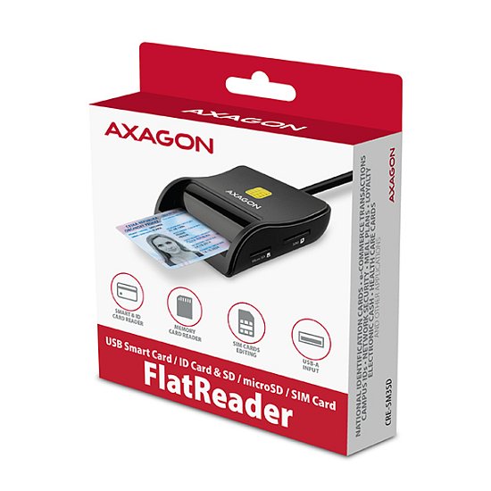 AXAGON CRE-SM3SD, USB-A FlatReader čtečka Smart card (eObčanka) + SD/microSD/SIM, kabel 1.3 m