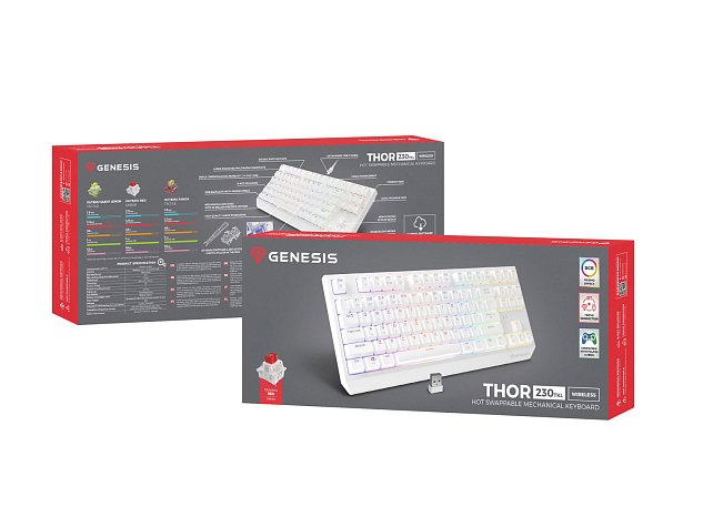 GENESIS herní klávesnice THOR 230/TKL/RGB/Outemu Red/Bezdrátová USB + Bluetooth/US layout/Bílá