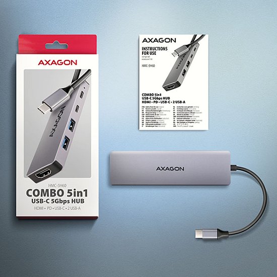 AXAGON HMC-5H60, USB 5Gbps hub, porty 2x USB-A, 1x USB-C, HDMI 4k/60, PD 100W, kabel USB-C 15cm