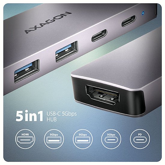 AXAGON HMC-5H60, USB 5Gbps hub, porty 2x USB-A, 1x USB-C, HDMI 4k/60, PD 100W, kabel USB-C 15cm