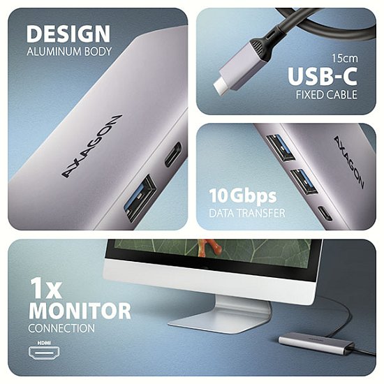 AXAGON HMC-6G2L, USB 10Gb/s hub, 2x USB-A, 1x USB-C, HDMI 4k/60, RJ-45, PD 100W, kabel USB-C 15cm