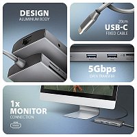 AXAGON HMC-8HLSA, USB 5Gbps hub, 3x USB-A, HDMI 4k/60Hz, RJ-45 GLAN, SD/microSD, audio, PD 100W