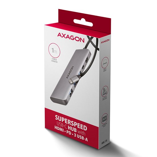 AXAGON HMC-5H, USB 5Gbps hub, 3x USB-A, HDMI 4k/30Hz, PD 100W, kabel USB-C 100cm