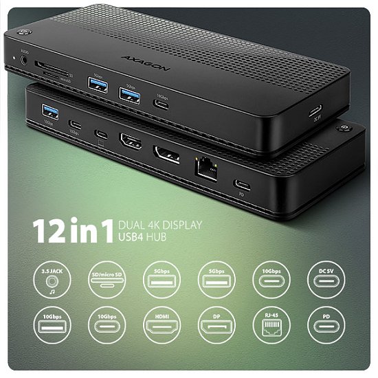 AXAGON HMC-U4, USB4 40Gbps dock, 3x USB-A, 2x USB-C, HDMI & DP 8K/30Hz, RJ-45, SD/mSD, audio, PD100W