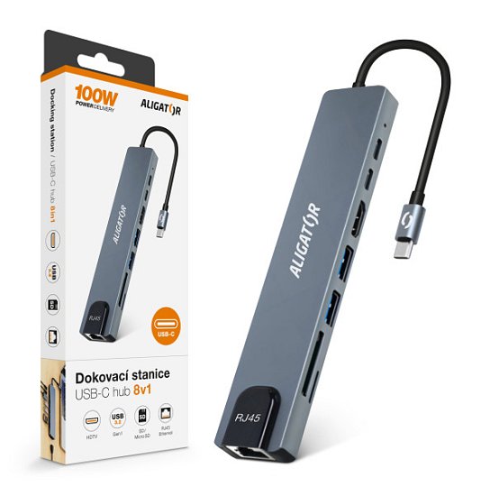 Aligator Dokovací stanice USB-C / Hub 8v1 (USB-C / 2xUSB / SD / MicroSD/ HDTV / RJ45)