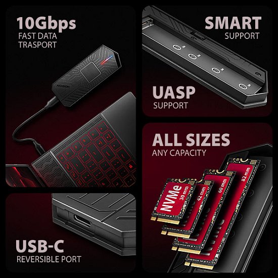 AXAGON EEM2-GAM, USB-C 10Gbps - NVMe & SATA SSD GAME M.2 box, bezšroubkový