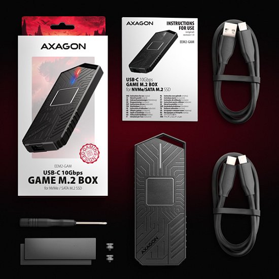 AXAGON EEM2-GAM, USB-C 10Gbps - NVMe & SATA SSD GAME M.2 box, bezšroubkový