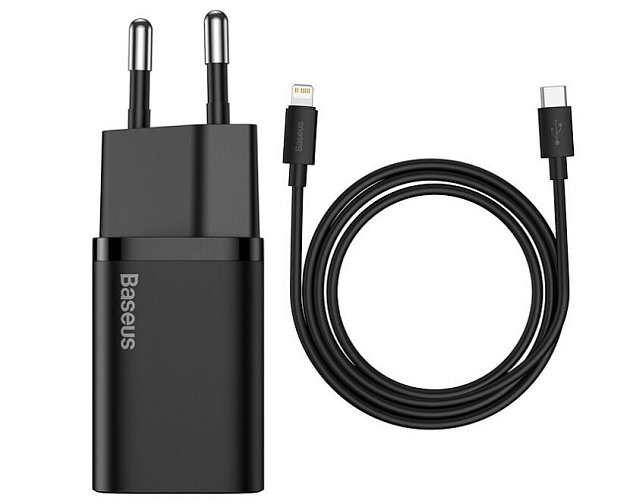 Baseus rychlonabíječka do sítě Super Si USB-C PD QC 20W černá s kabelem USB-C/Lightning 1m