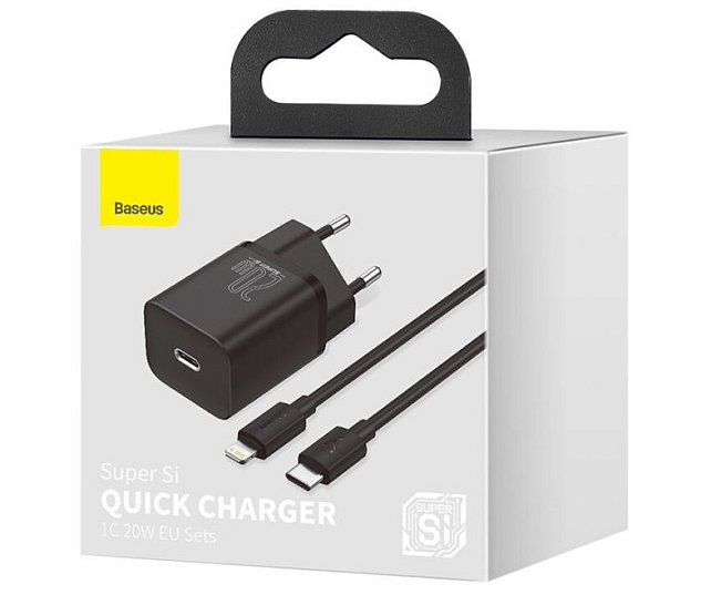 Baseus rychlonabíječka do sítě Super Si USB-C PD QC 20W černá s kabelem USB-C/Lightning 1m