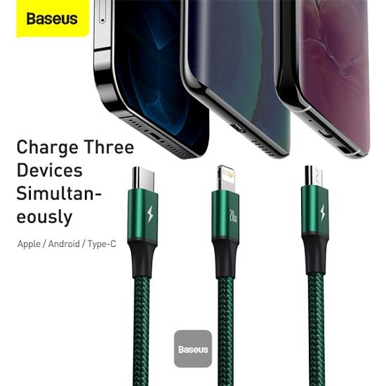 Baseus datový kabel Rapid 3v1 USB-C/microUSB, Lightning, USB-C 1,5m PD 20W zelený