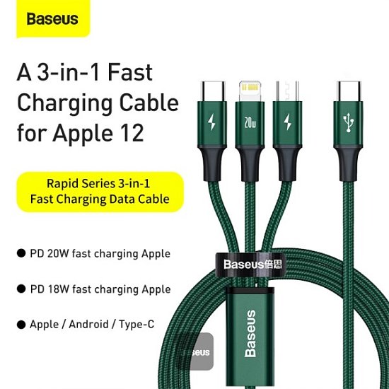 Baseus datový kabel Rapid 3v1 USB-C/microUSB, Lightning, USB-C 1,5m PD 20W zelený