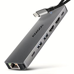 AXAGON HMC-7HX2, USB 5Gbps hub, 2x USB-A, USB-C, 2x HDMI 4k/60Hz, RJ-45 GLAN, PD 100W, kabel 15cm