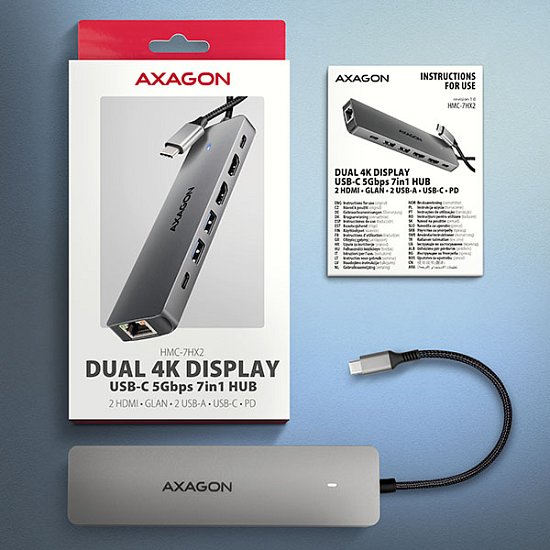 AXAGON HMC-7HX2, USB 5Gbps hub, 2x USB-A, USB-C, 2x HDMI 4k/60Hz, RJ-45 GLAN, PD 100W, kabel 15cm