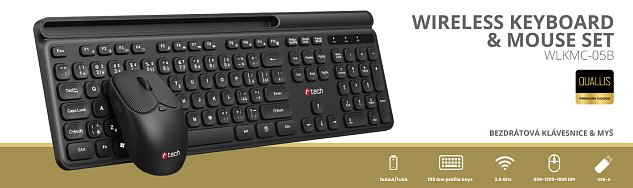 Klávesnice C-TECH Quallis WLKMC-05, bezdrátový combo set s myší, černý, USB, CZ/SK