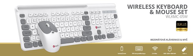 Klávesnice C-TECH Quallis WLKMC-05, bezdrátový combo set s myší, bílá, USB, CZ/SK