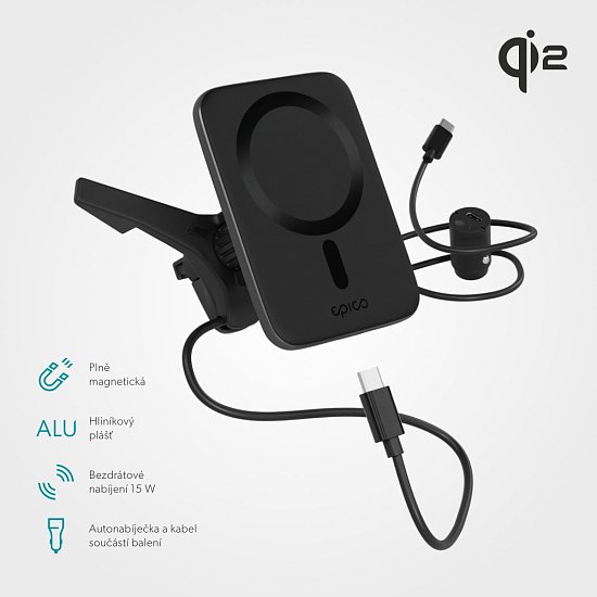 Epico Qi2 Mag+ ultra tenká autonabíječka - černá