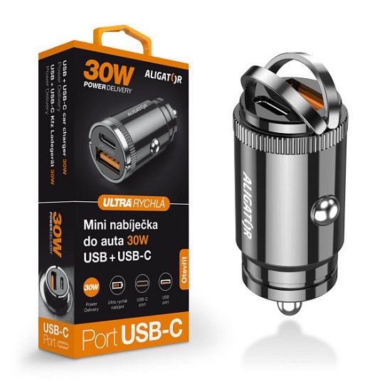 Aligator mini nabíječka do auta Power Delivery 30W, USB-C + USB-A Aligator mini nabíječka do auta Power Delivery 30W, USB-C + USB-A