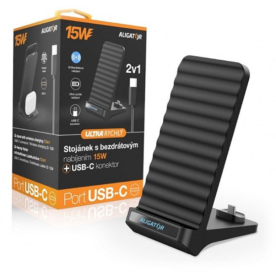 Aligator Stojánek s bezdrátovým nabíjením 15W a USB-C konektorem, 2v1, černý Aligator Stojánek s bezdrátovým nabíjením 15W a USB-C konektorem, 2v1, černý