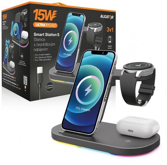 Aligator Stanice Smart Station A s bezdrátovým nabíjením 3v1, 15W Aligator Stanice Smart Station A s bezdrátovým nabíjením 3v1, 15W