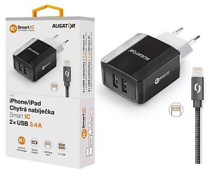 Chytrá síťová nabíječka ALIGATOR 3.4A, 2xUSB, smart IC, černá, kabel pro iPhone/iPad 2A Chytrá síťová nabíječka ALIGATOR 3.4A, 2xUSB, smart IC, černá, kabel pro iPhone/iPad 2A