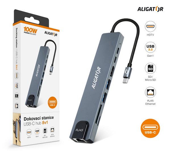 Aligator Dokovací stanice USB-C / Hub 8v1 (USB-C / 2xUSB / SD / MicroSD/ HDTV / RJ45) Aligator Dokovací stanice USB-C / Hub 8v1 (USB-C / 2xUSB / SD / MicroSD/ HDTV / RJ45)