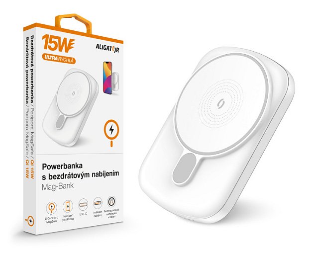 ALIGATOR Powerbanka s bezdrátovým nabíjením ALIGATOR Mag-Bank, určeno pro Magsafe, 5000mAh, bílá ALIGATOR Powerbanka s bezdrátovým nabíjením ALIGATOR Mag-Bank, určeno pro Magsafe, 5000mAh, bílá