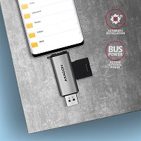 AXAGON CRE-SAC, USB3.2 Gen 1 Type-C + Type-A externí čtečka karet SD/microSD, podpora UHS-I AXAGON CRE-SAC, USB3.2 Gen 1 Type-C + Type-A externí čtečka karet SD/microSD, podpora UHS-I