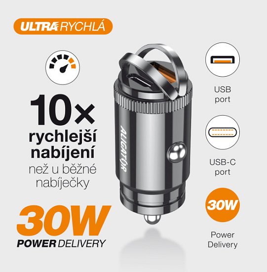 Aligator mini nabíječka do auta Power Delivery 30W, USB-C + USB-A Aligator mini nabíječka do auta Power Delivery 30W, USB-C + USB-A