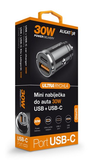 Aligator mini nabíječka do auta Power Delivery 30W, USB-C + USB-A Aligator mini nabíječka do auta Power Delivery 30W, USB-C + USB-A