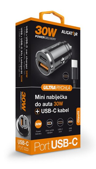Aligator mini nabíječka do auta Power Delivery 30W, USB-C + USB-A, USB-C/USB-C kabel