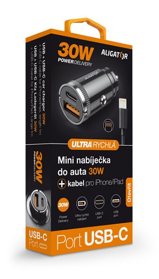 Aligator mini nabíječka do auta Power Delivery 30W,USB-C + USB-A, USB-C kabel pro iPhone/iPad