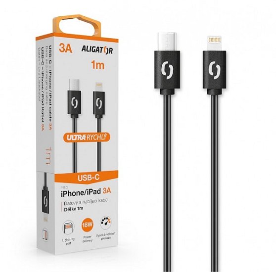 ALIGATOR Datový kabel POWER 3A, USB-C/lightning černý