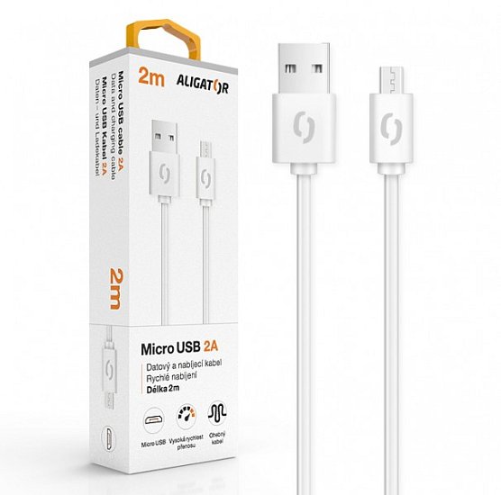 ALIGATOR Datový kabel 2A micro USB 2m, bílý ALIGATOR Datový kabel 2A micro USB 2m, bílý