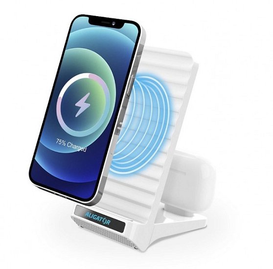 ALIGATOR Stojánek s bezdrátovým nabíjením 15W a USB-C konektorem, 2v1, bílý ALIGATOR Stojánek s bezdrátovým nabíjením 15W a USB-C konektorem, 2v1, bílý