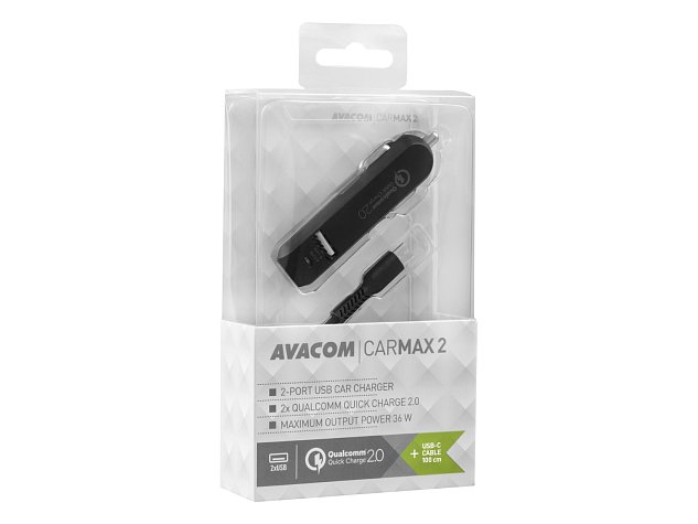 AVACOM CarMAX 2 nabíječka do auta 2x Qualcomm Quick Charge 2.0, černá barva (USB-C kabel)