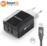 Chytrá síťová nabíječka ALIGATOR 3.4A, 2xUSB, smart IC, černá, kabel pro iPhone/iPad 2A