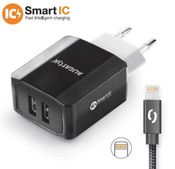 Chytrá síťová nabíječka ALIGATOR 3.4A, 2xUSB, smart IC, černá, kabel pro iPhone/iPad 2A