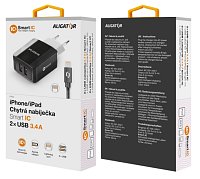 Chytrá síťová nabíječka ALIGATOR 3.4A, 2xUSB, smart IC, černá, kabel pro iPhone/iPad 2A